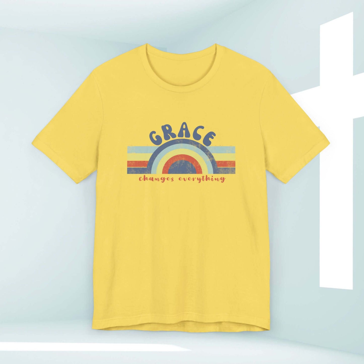 Retro Grace Changes Everything Women's Christian T-Shirt with rainbow graphic and faith-based message, inspirational Christian tee shirt.