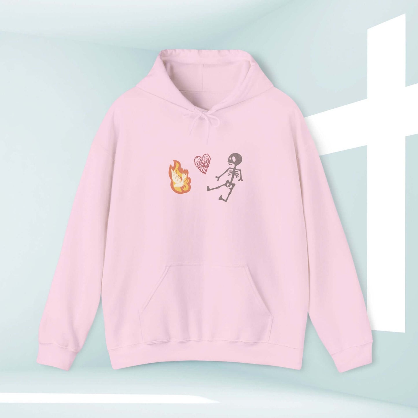 Christian Halloween hoodie with skeleton graphic, heart, and flame, perfect Halloween gift and faith-inspired sweatshirt.