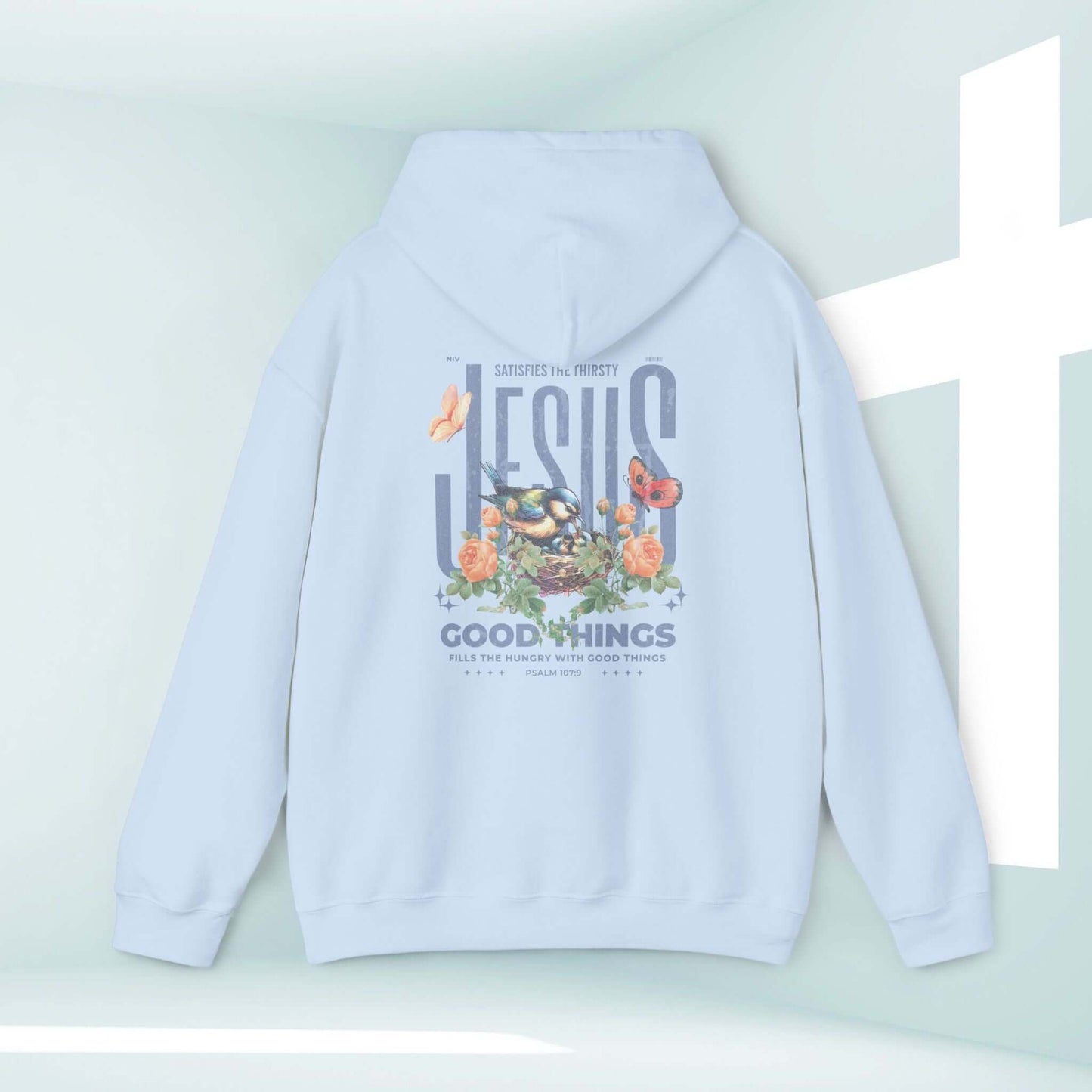 Bird Butterfly Christian Hoodie with Floral Jesus Print, Psalm Bible Verse, Mother's Day Religious Gift