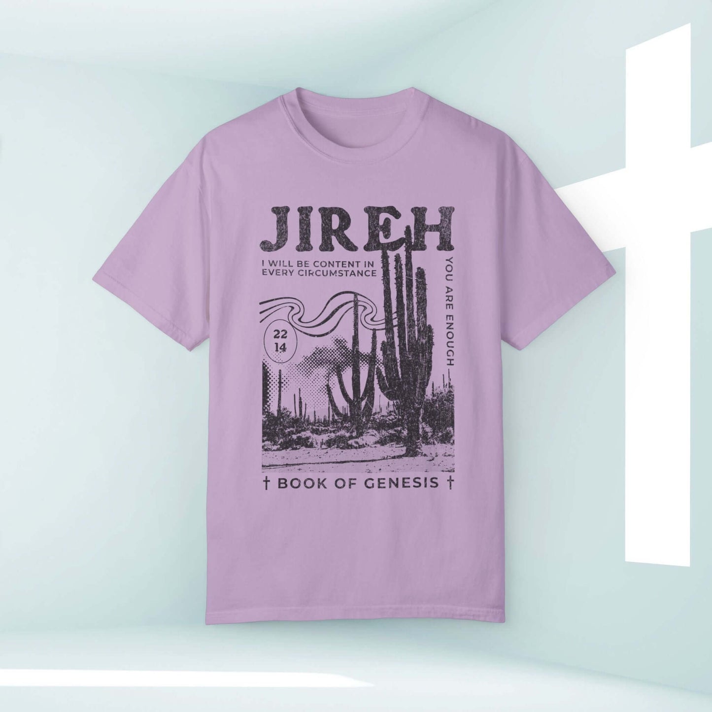 Jireh Christian t-shirt with Genesis Bible verse, featuring cactus graphic design in lilac, inspirational Boho religious apparel.