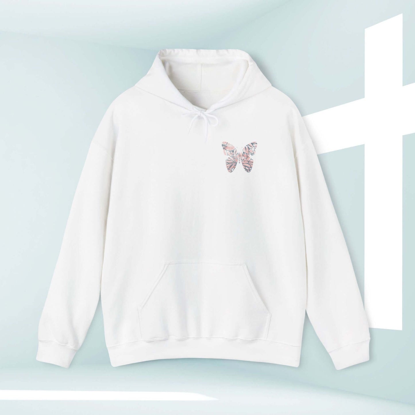 Butterfly Christian Hoodie with "In Christ Is A New Creation" message on white sweatshirt, faith-based inspirational apparel by Thankfully Christian.