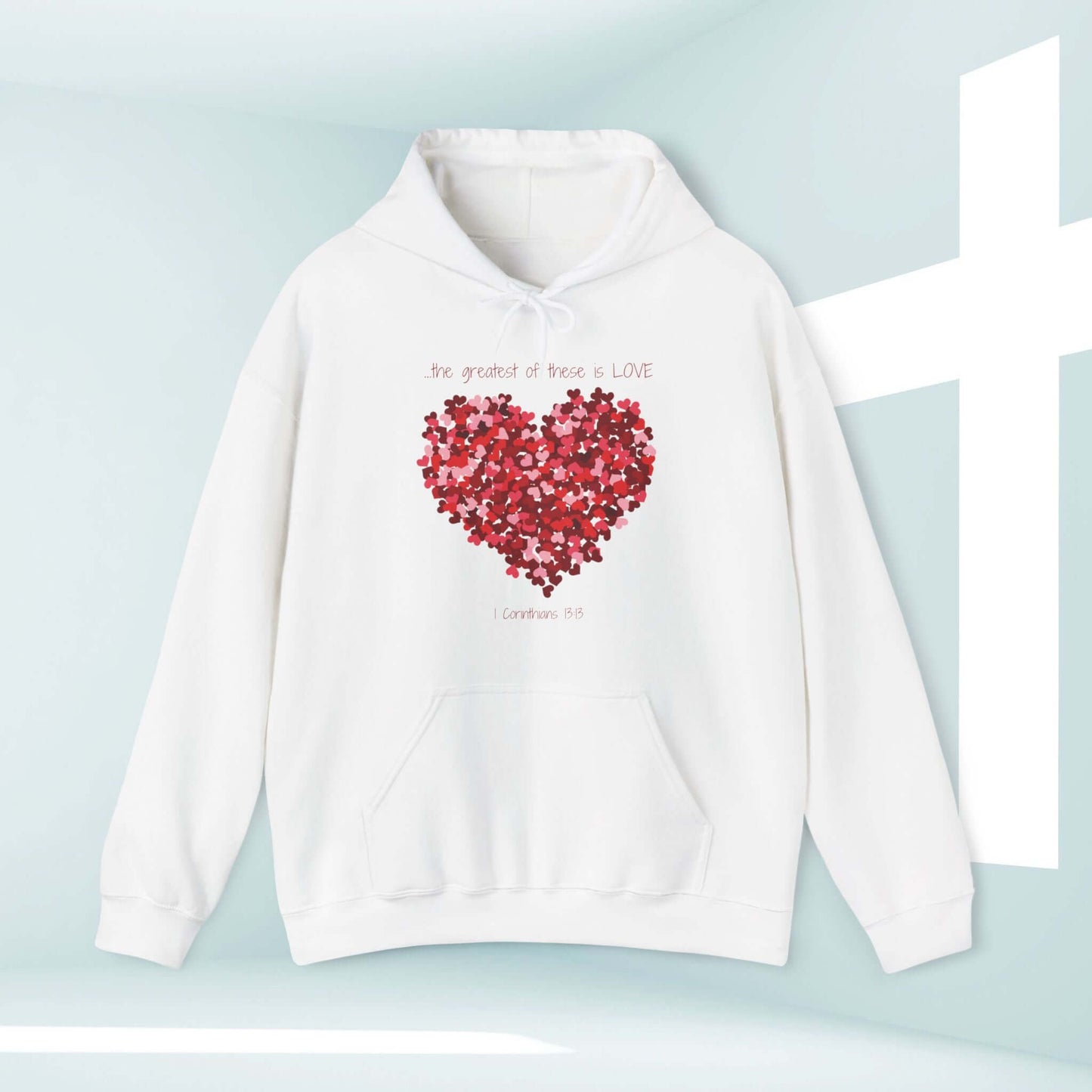 White Christian Valentines Day hoodie with heart design and Bible verse, perfect for love hoodie, Valentine’s Day, wedding, and anniversary gifts.