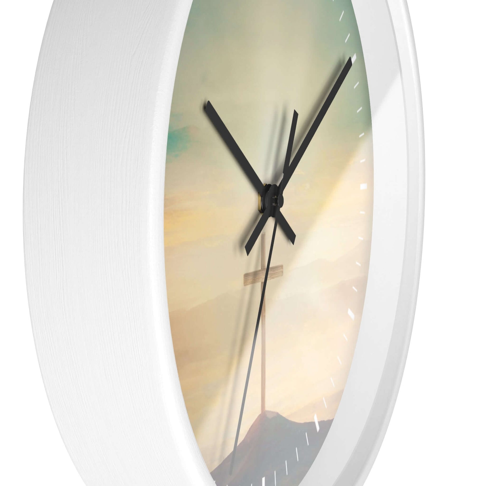 Beautiful Sky Christian cross wall clock with a wooden frame and Plexiglass face, featuring Psalm 19:1. Perfect for Christian decor.