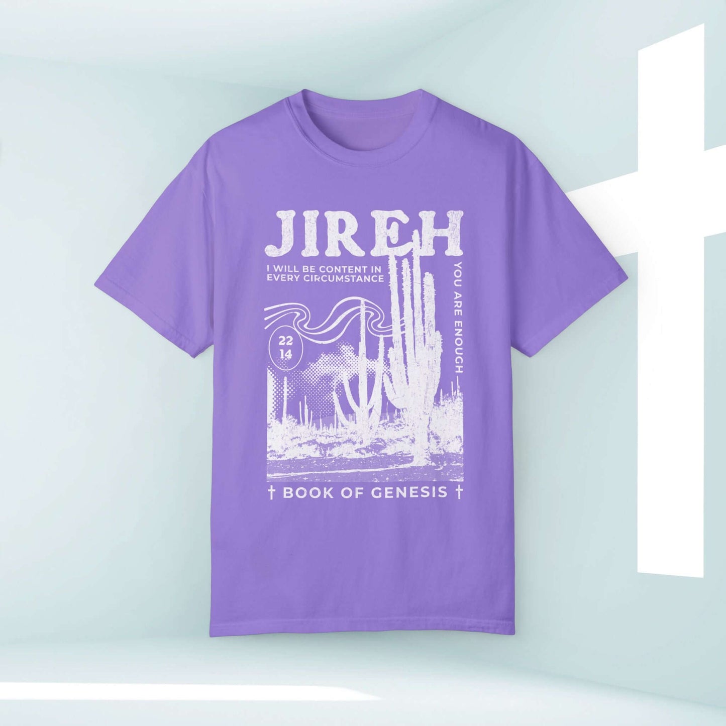 Purple Jireh Christian t-shirt with Bible verse, cactus graphic, inspired by the Book of Genesis, trendy faith-based clothing.