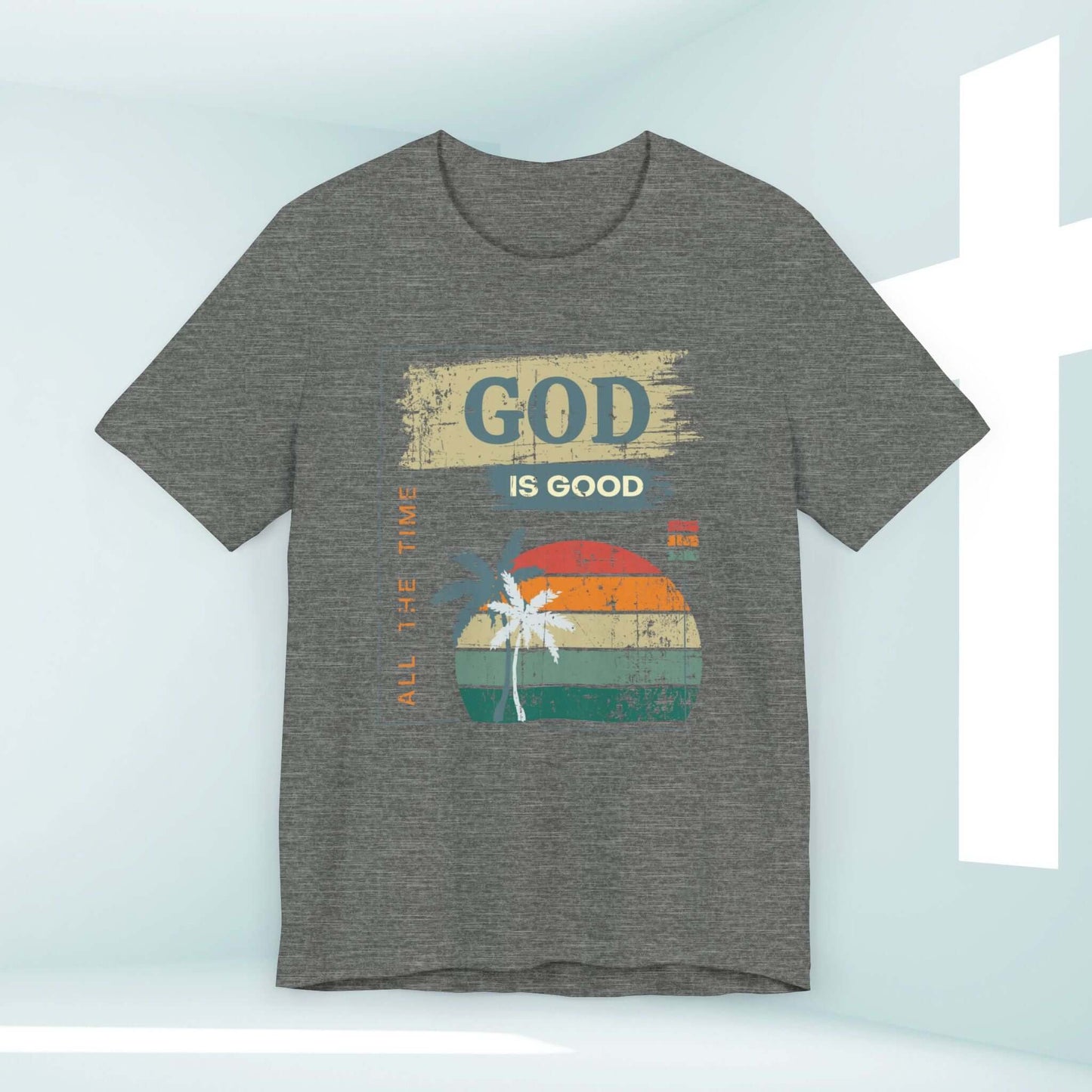 Women's God Is Good All The Time Christian T-Shirt in gray with graphic design for faith and inspiration.