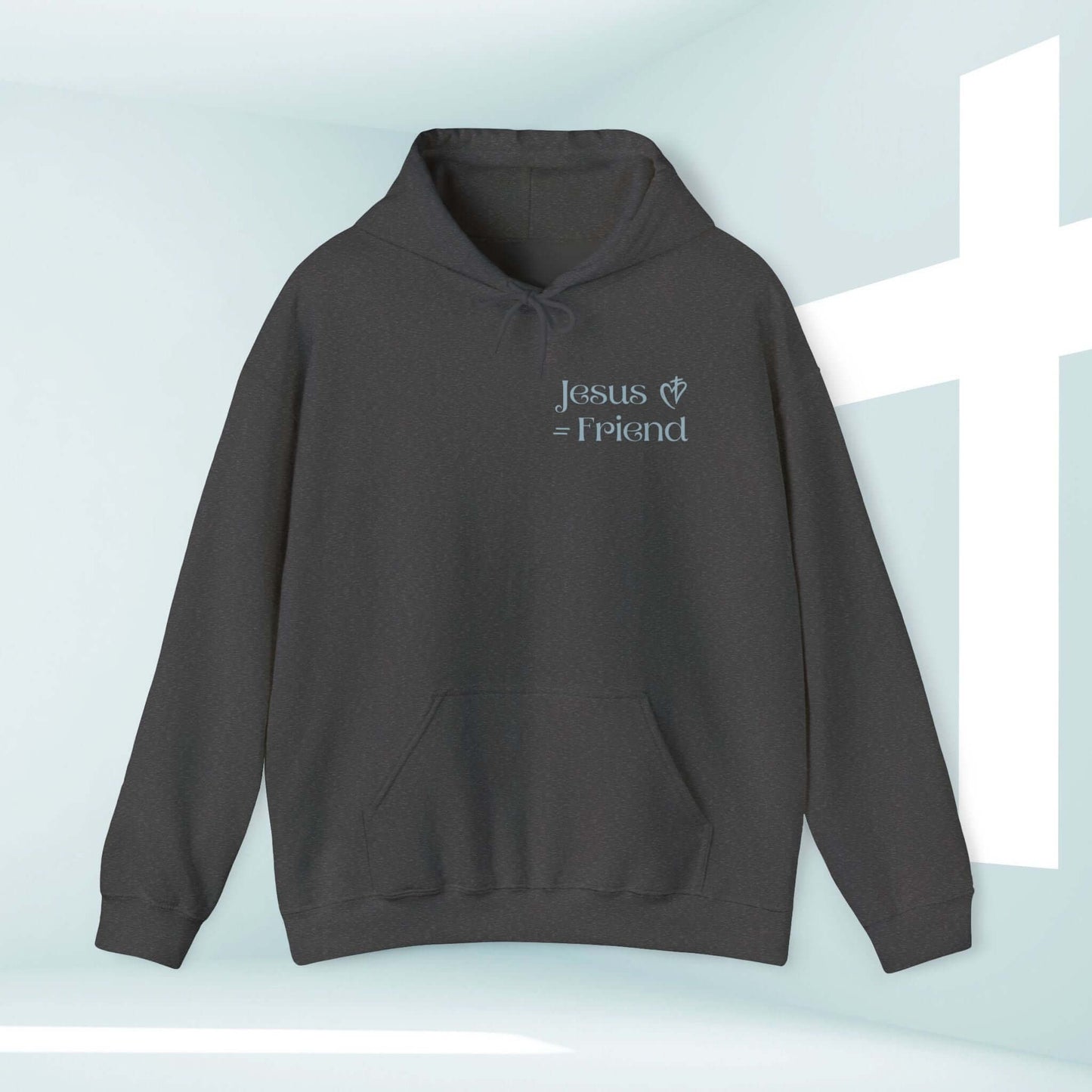 I Found A Friend In Jesus Christian hoodie with inspiring Bible verse message in gray, faith-based hooded sweatshirt, perfect religious merch