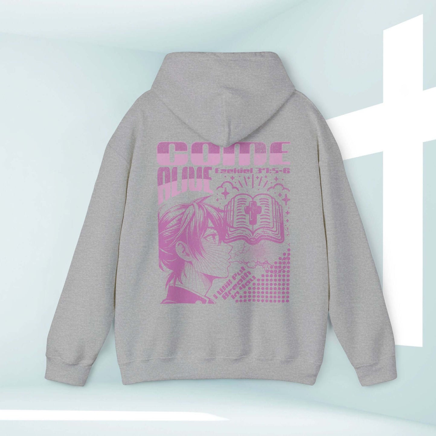 Christian hoodie with Come Alive graphics and bible verse, inspirational retro streetwear in gray with hood.