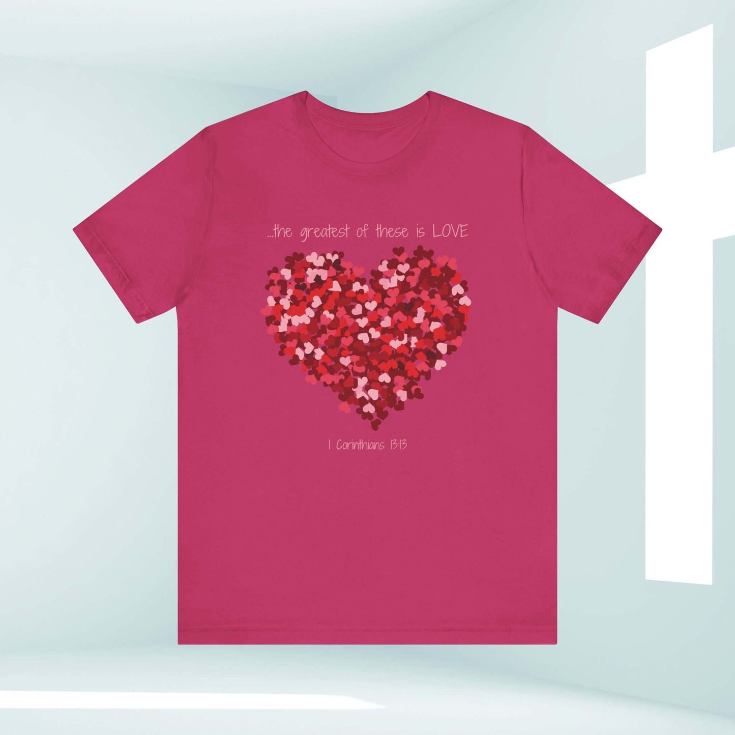 Christian Valentine's Day T-Shirt with heart design and "The Greatest of These is Love" message, perfect wedding or anniversary gift.