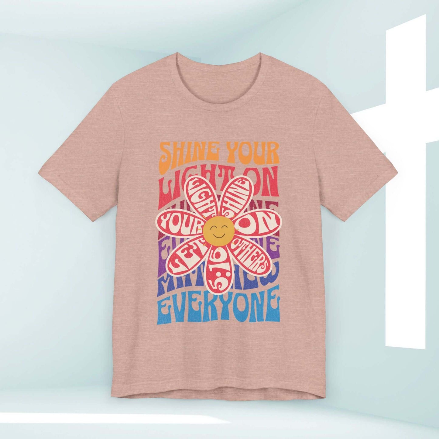 Shine Your Light Christian shirt with retro flower design, inspirational scripture on beige tee, perfect for bible study and church gatherings.