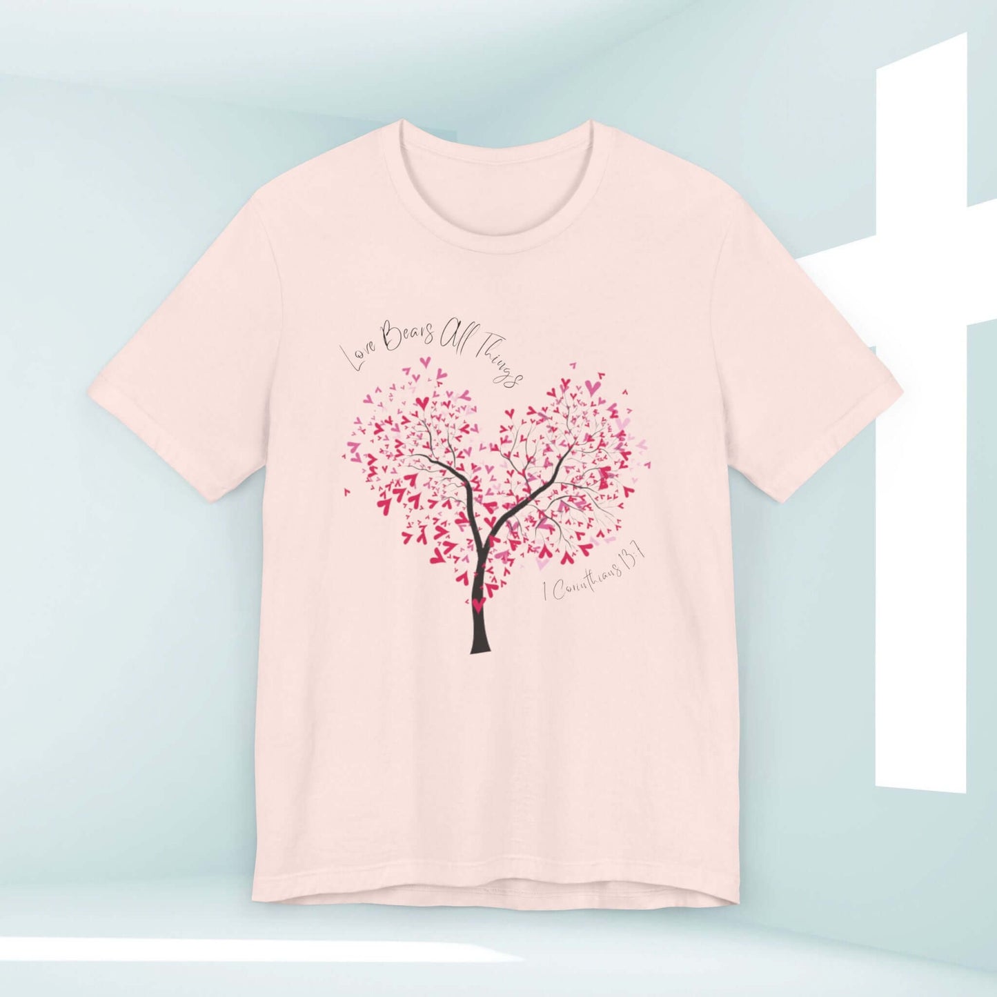 Christian Love Bears All Things wedding t-shirt with heart tree design in white background, perfect Valentine's Day and wedding gift.