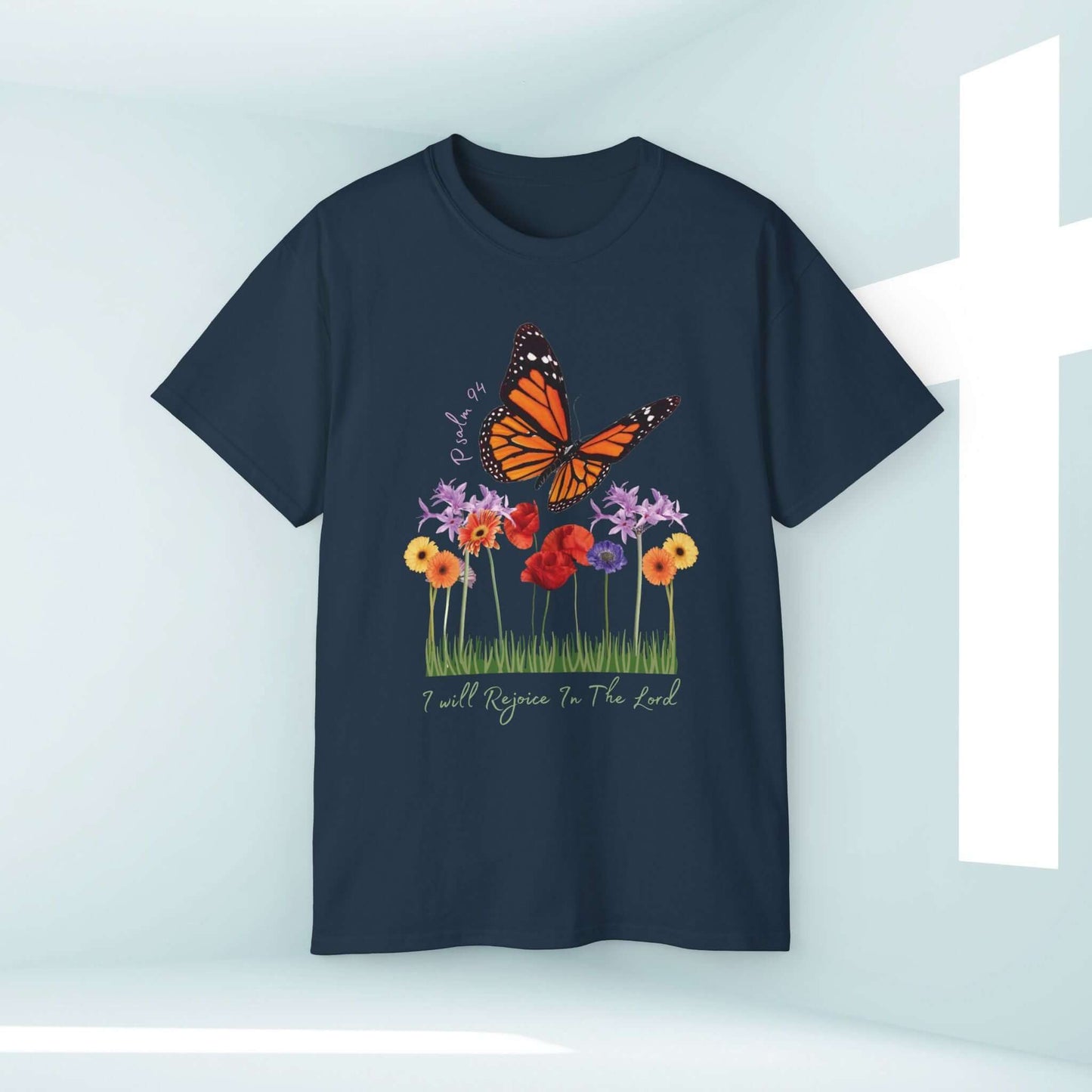 Christian butterfly shirt with floral design and scripture, "I Will Rejoice In The Lord" on ultra-soft cotton fabric.