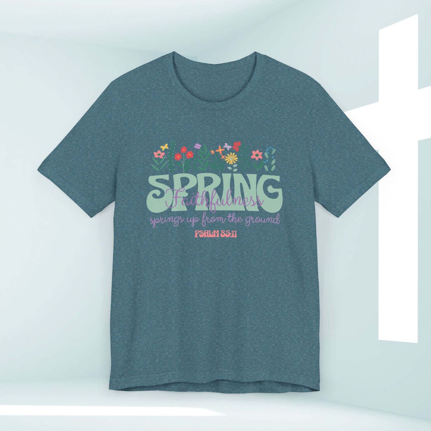 Floral Faith Spring Flowers Christian T-Shirt with Bible Verse, perfect for spring and religious streetwear, made of soft airlume combed cotton.