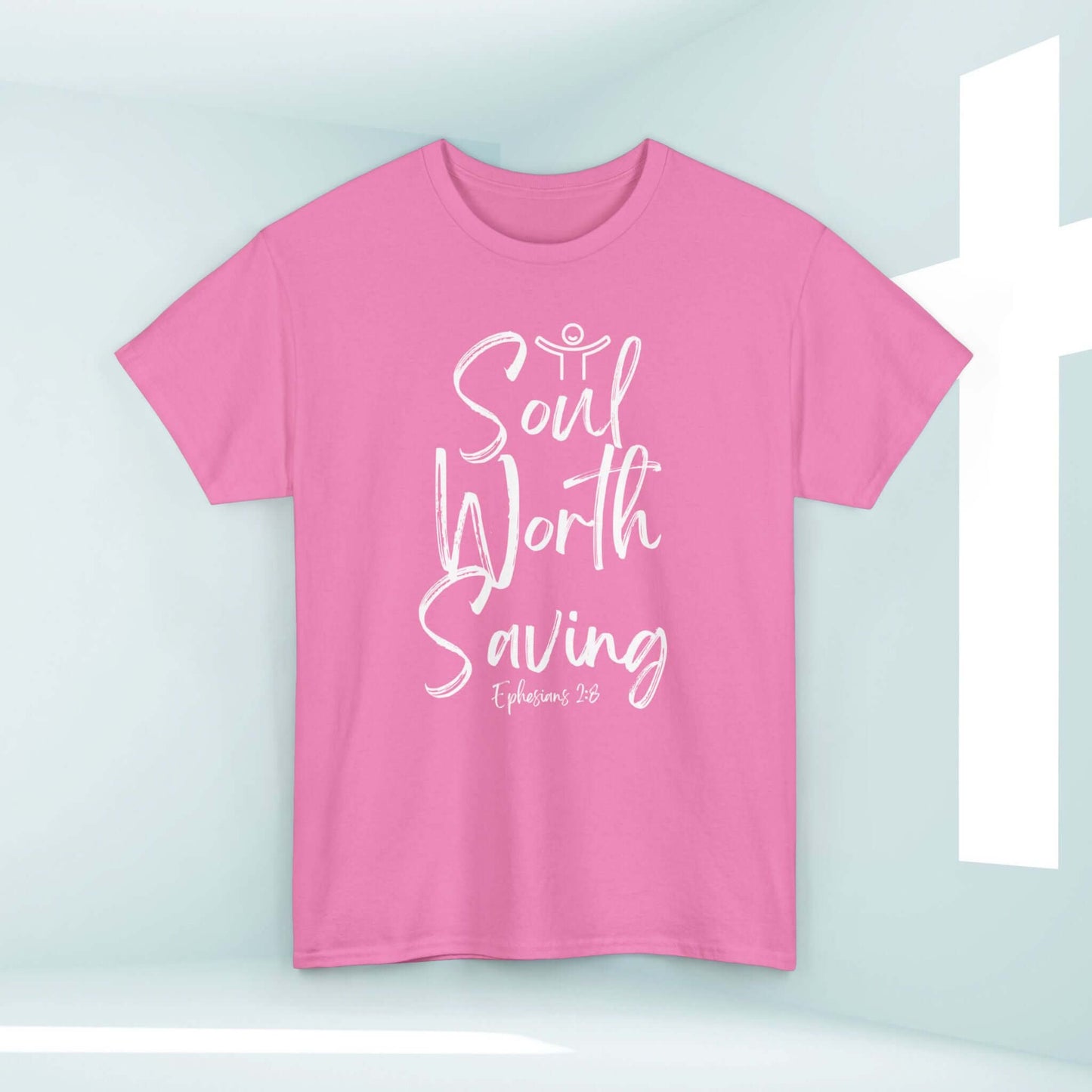 Soul Worth Saving pink women's Christian t-shirt with Ephesians 3:8 Bible verse, inspirational faith-based apparel, Jesus shirt.