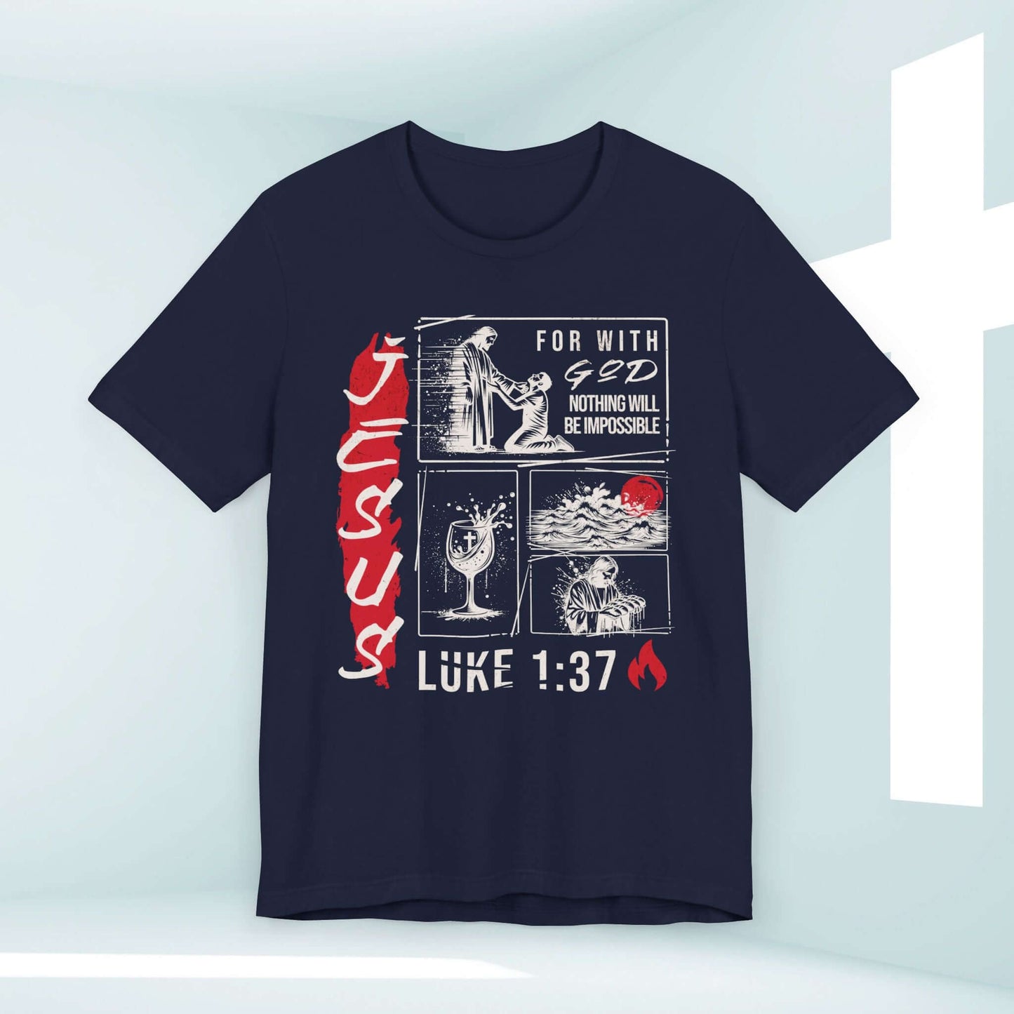 Mens Christian Shirt Jesus T-Shirt with Bible Verse Luke 1:37 "For with God nothing will be impossible", perfect fathers day gift for a man of faith.