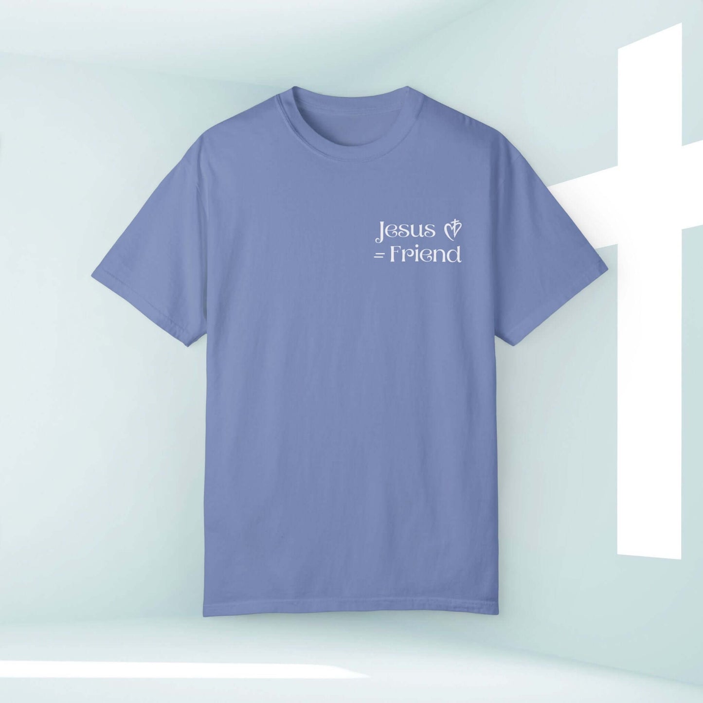 I Found A Friend In Jesus light blue Christian t-shirt with white text, perfect for faith-based apparel and worship gatherings