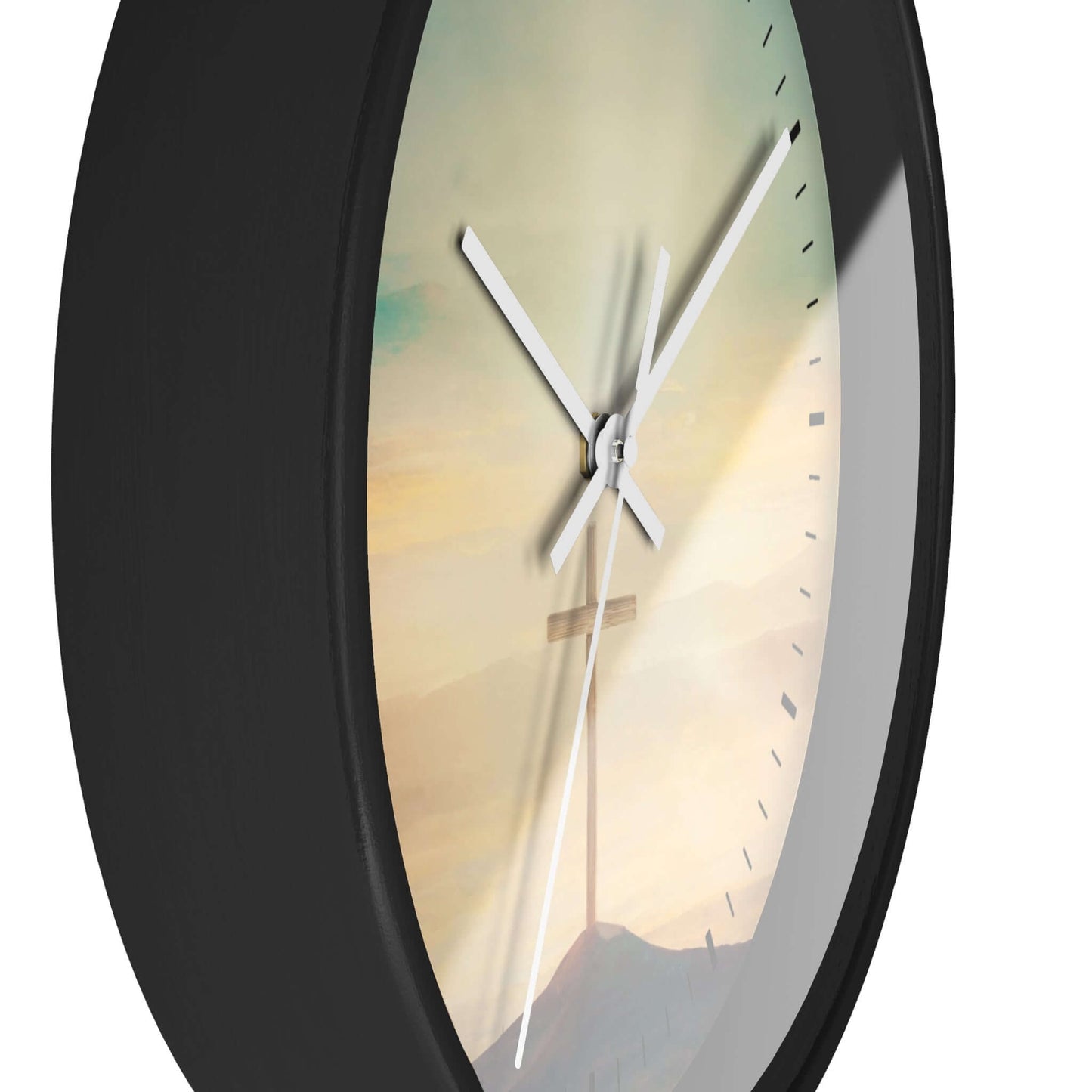 Beautiful Sky Christian Cross Wall Clock with wooden frame and Plexiglass face, perfect for Christian decor and religious gifts.