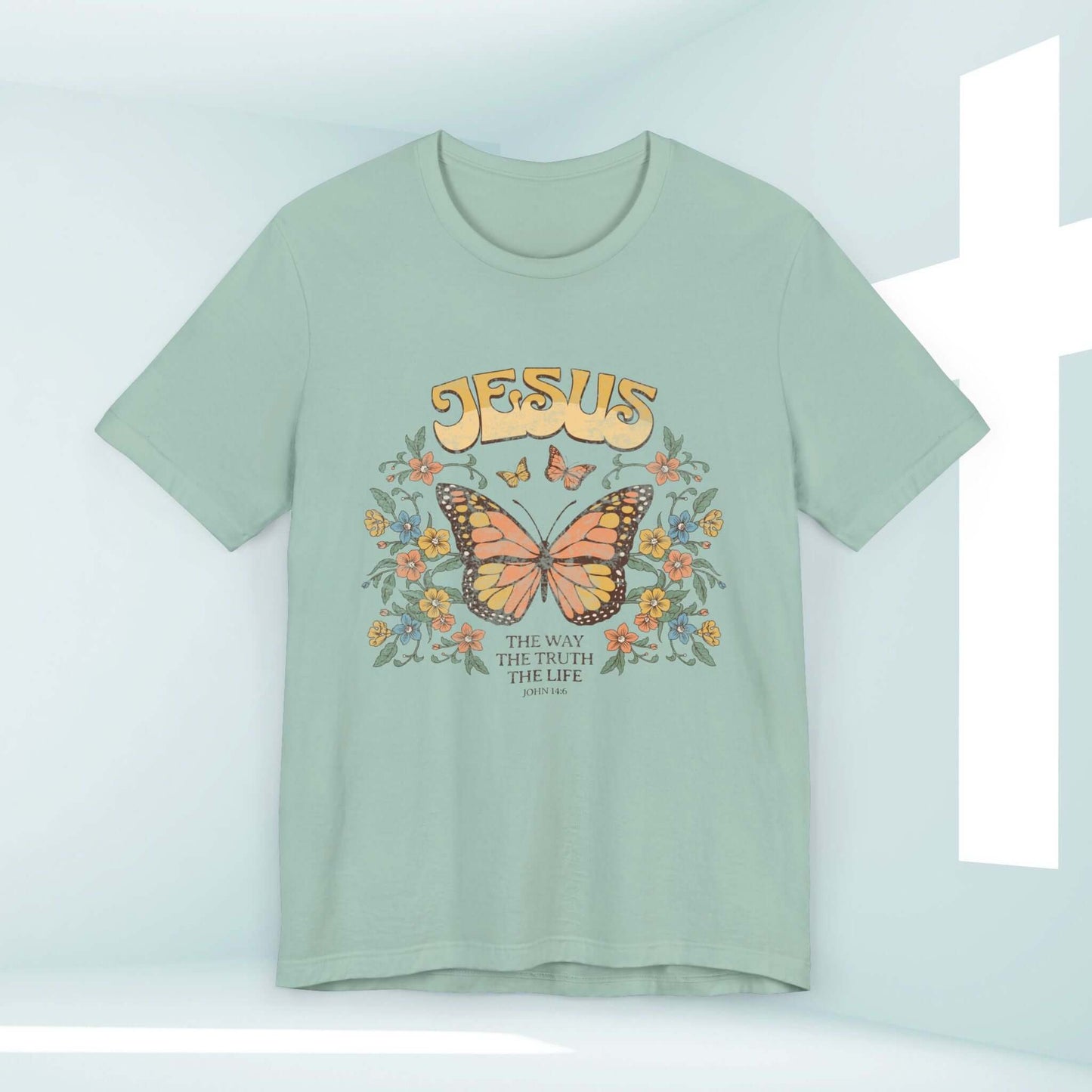 Jesus The Way The Truth The Life Butterfly Christian TShirt, faith-based inspirational tee, soft cozy Christian apparel with Bible verse.