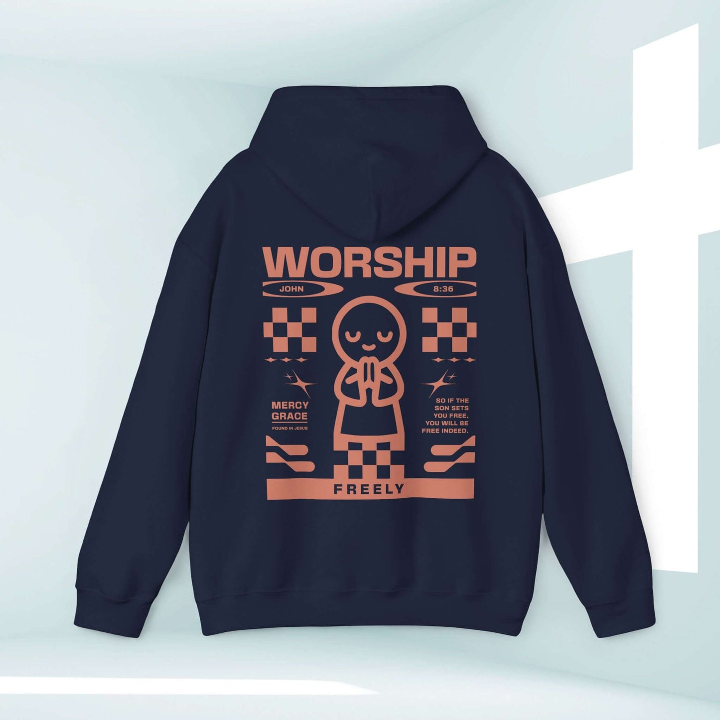 Worship Freely Christian hoodie with faith-based design in blue, perfect worship, church, prayer shirt and faith-based apparel