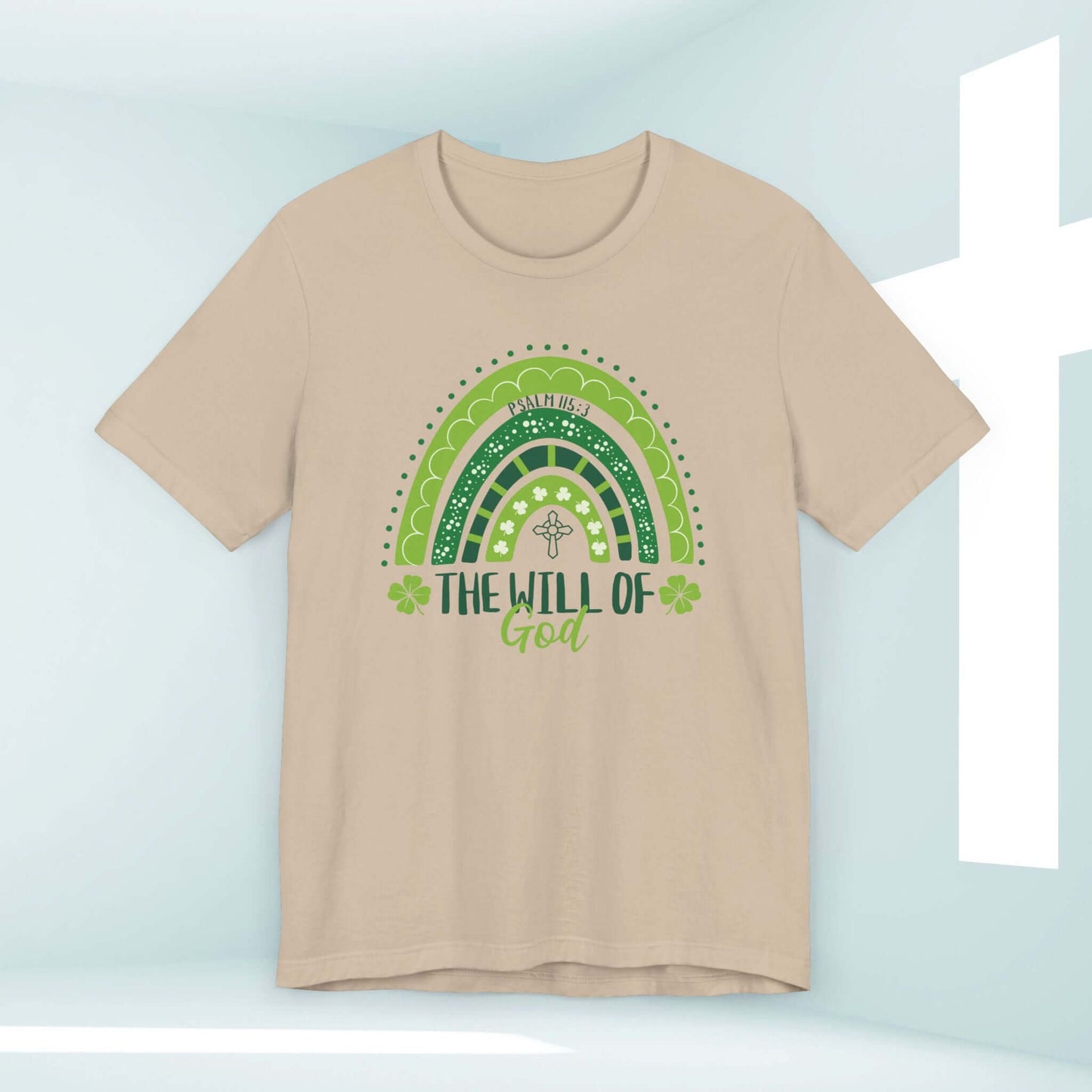 Christian St Patrick's Day shirt with shamrock rainbow and 'The Will of God' message, faith-based inspirational tee in beige.