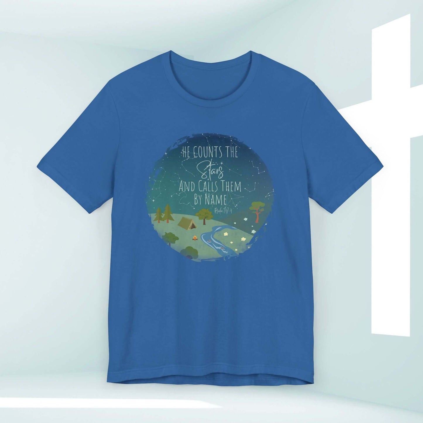 He Counts The Stars Shirt - Women's Christian T-Shirt with Bible Verse and Nature Camping Design - He Counts the Stars and Calls Them by Name