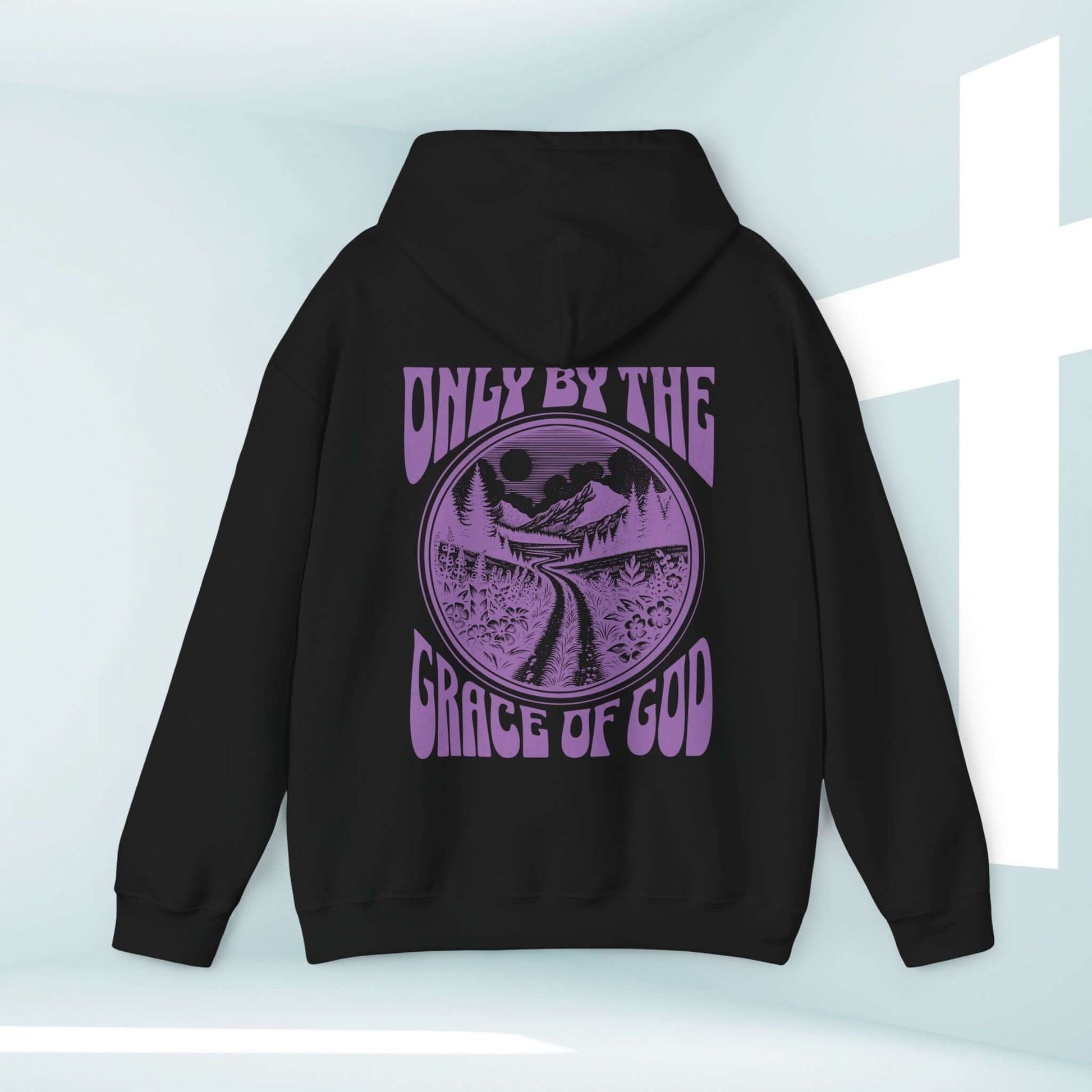 Faith-based black hoodie with "Only By The Grace Of God" Bible verse design in purple, perfect for inspiring others with Christian apparel.