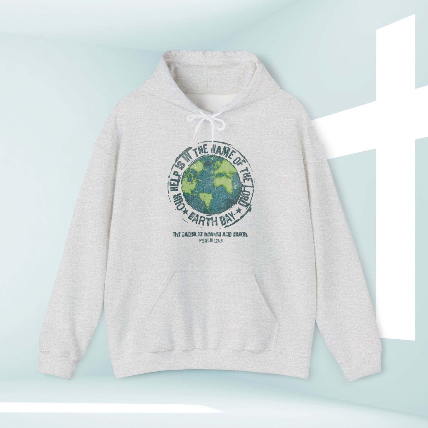 Christian Earth Day hoodie with Bible verse in grey, faith-based hooded sweatshirt for the outdoors, inspirational and religious apparel