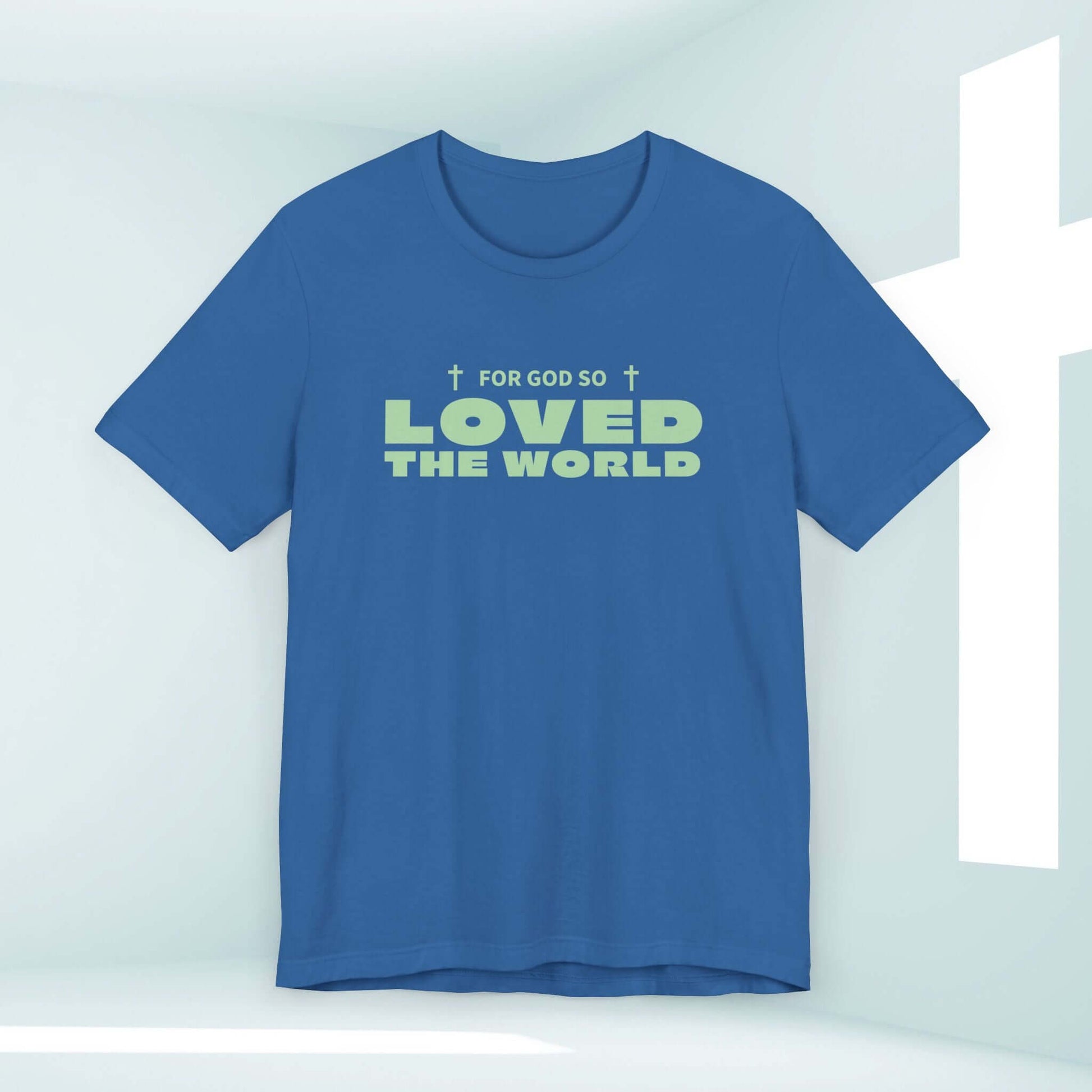 Blue John 3:16 For God So Loved Christian T-Shirt with Bible Verse Message and Cross Design