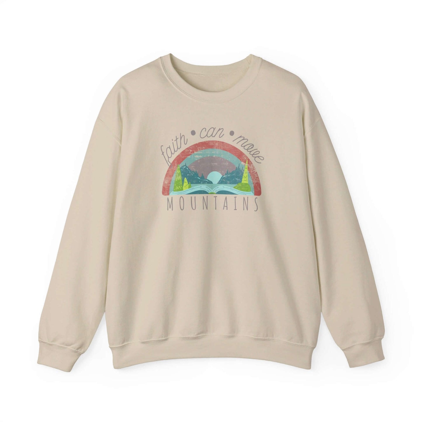 Women's Christian crewneck sweatshirt with "Faith Can Move Mountains" Bible verse design in beige. Perfect faith and religious apparel.