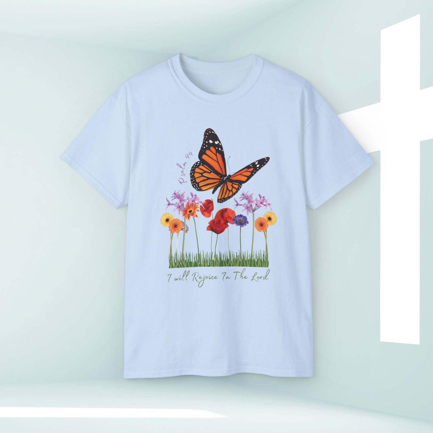 Christian shirt with butterfly and floral design, "I Will Rejoice In The Lord" scripture, faith-based apparel, inspirational tee.