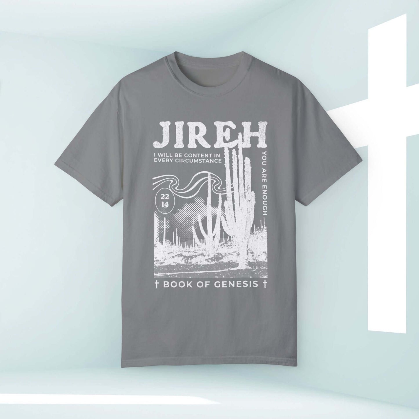 Jireh Christian t-shirt with Bible verse design, featuring cacti and "Book of Genesis" text, inspirational Christian clothing.