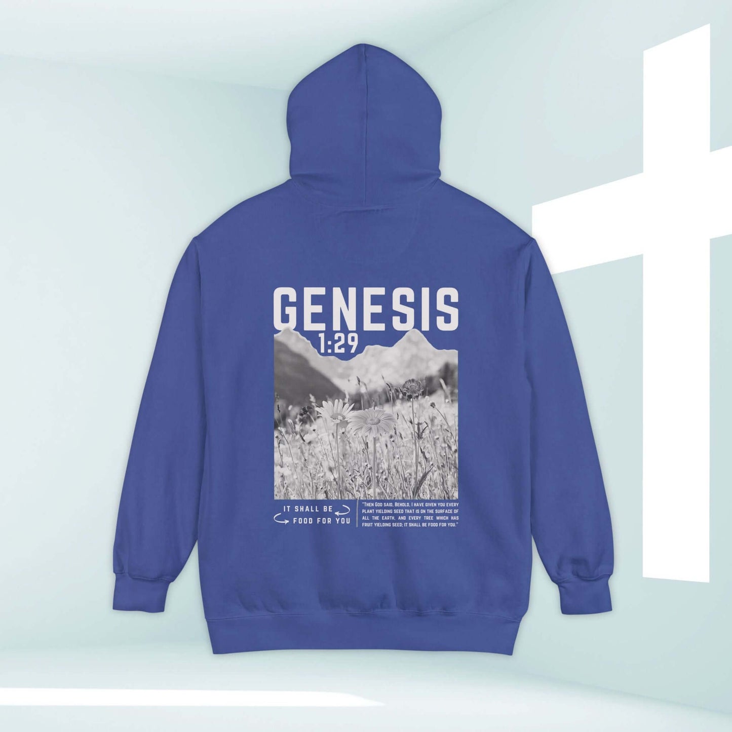 Genesis 1:29 Christian Hoodie with mountain and wildflower design, perfect faith-based outdoorsy apparel for believers.