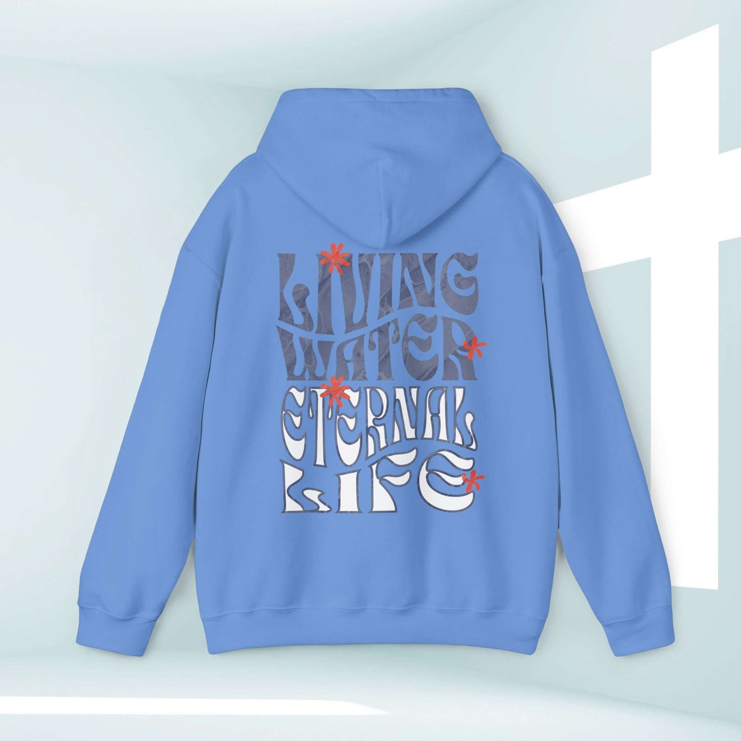 Light blue Living Water Never Thirst Christian hoodie with inspirational text and cross background, perfect for faith-based streetwear.