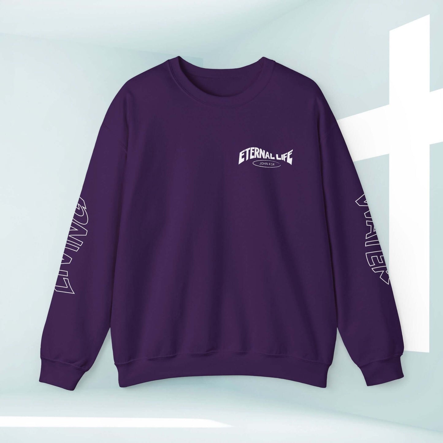 Purple Living Water Eternal Life Christian Sweatshirt with designs on sleeves, front, and back, perfect religious gift for pastor's wife.