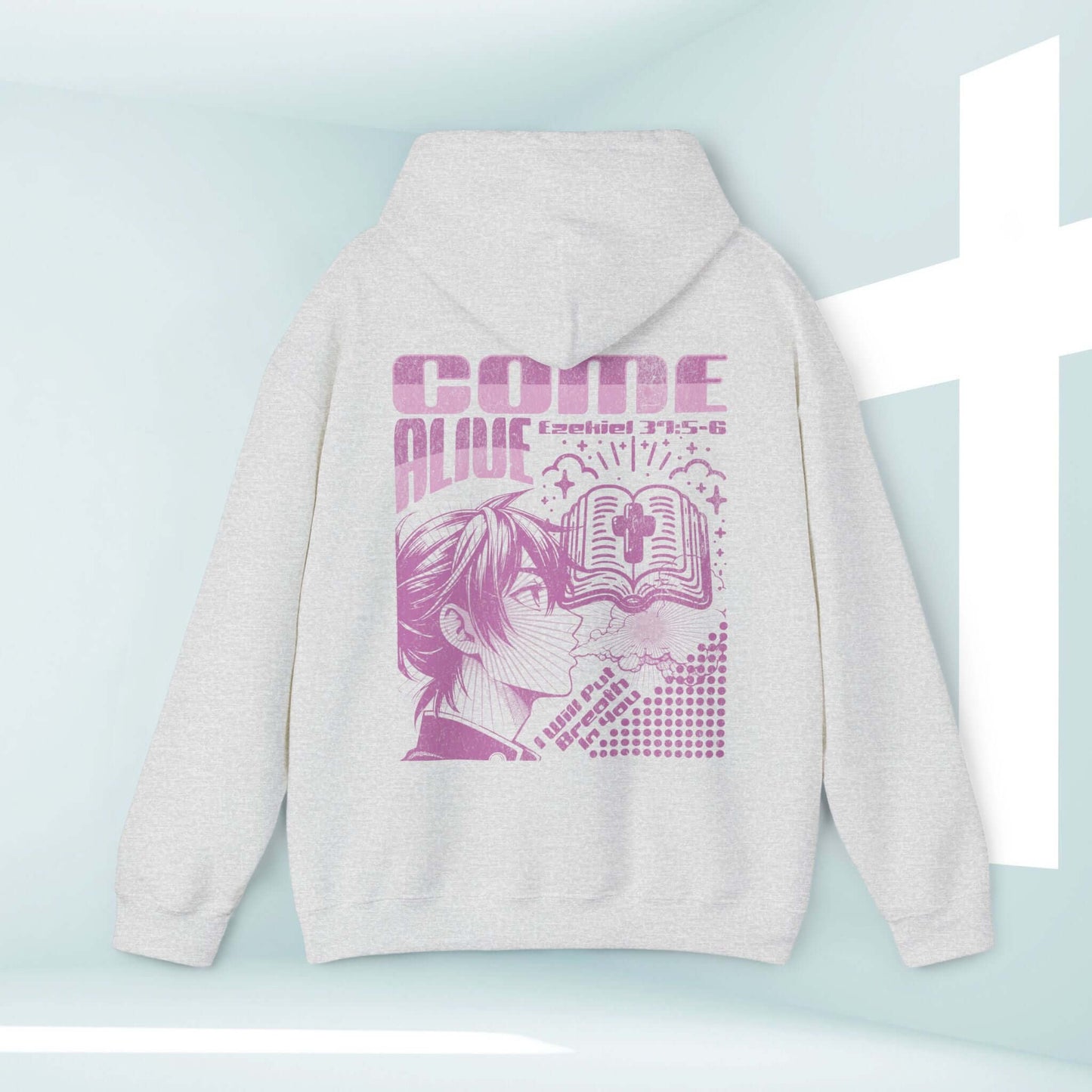 Christian hoodie with faith-based graphics featuring "Come Alive" text and Bible verse, inspired by Jesus' message of hope and unity.