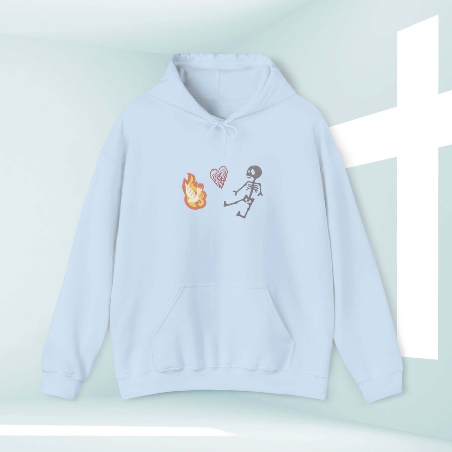 Christian Halloween hoodie with dancing skeleton, heart, and flame design, perfect Halloween gift with faith-inspired message.