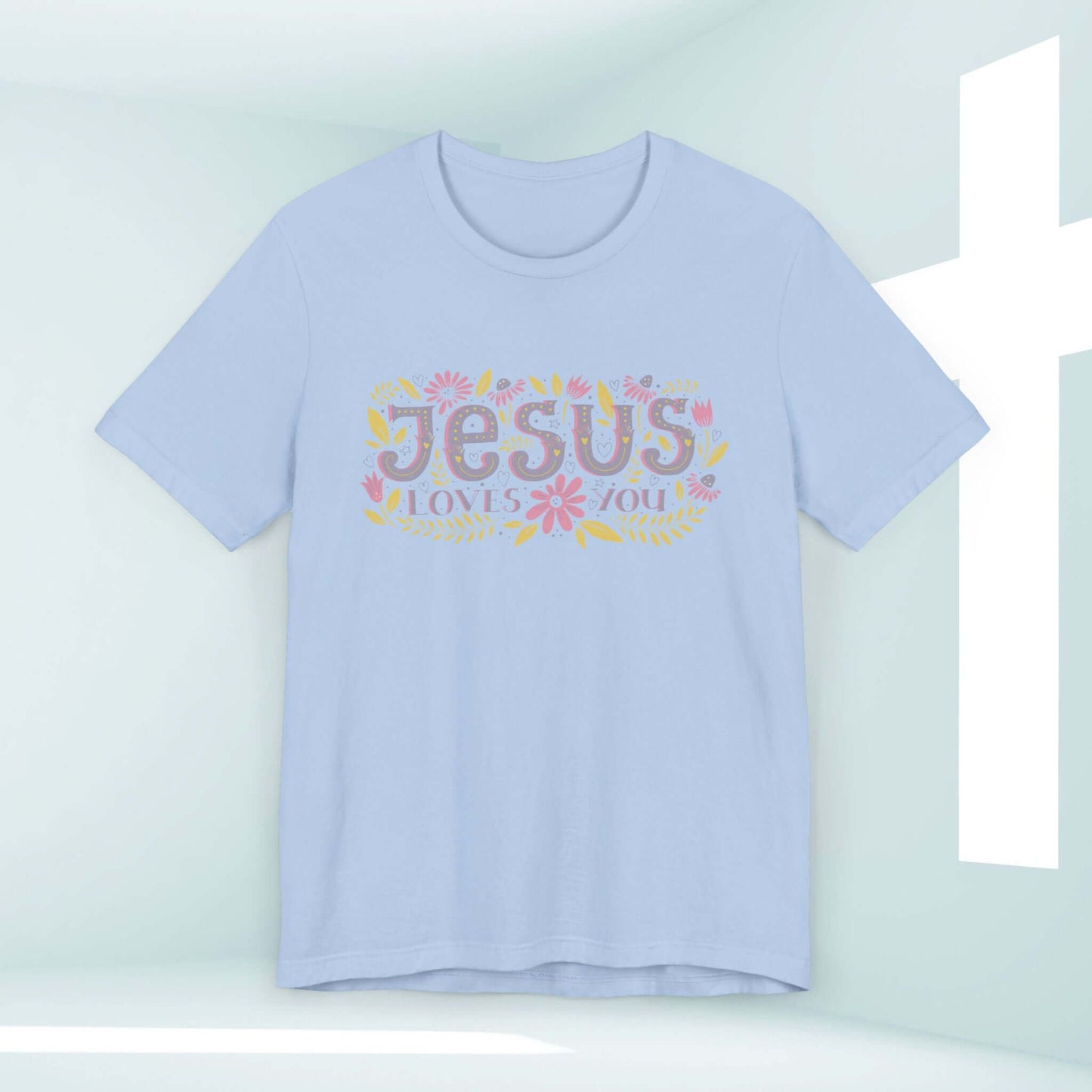 Light blue Jesus Loves You women's Christian tee with floral design, perfect inspirational shirt for faith and religious gifts.