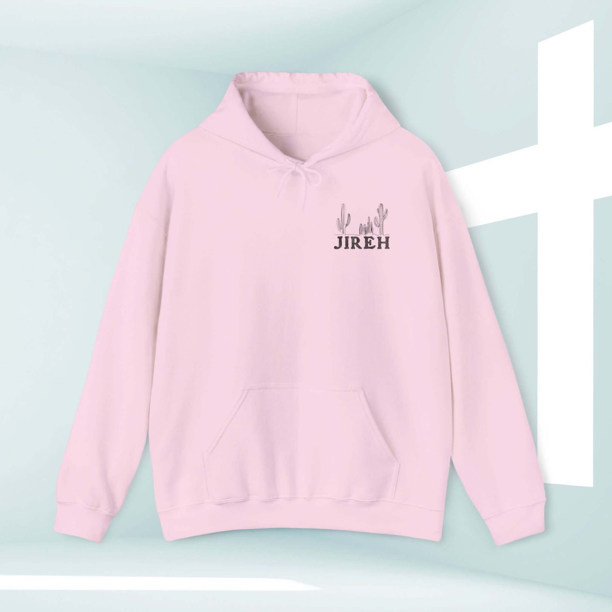 Light pink Jireh boho Christian hoodie with cactus design and Bible verse, religious faith-based sweatshirt, inspirational Christian apparel