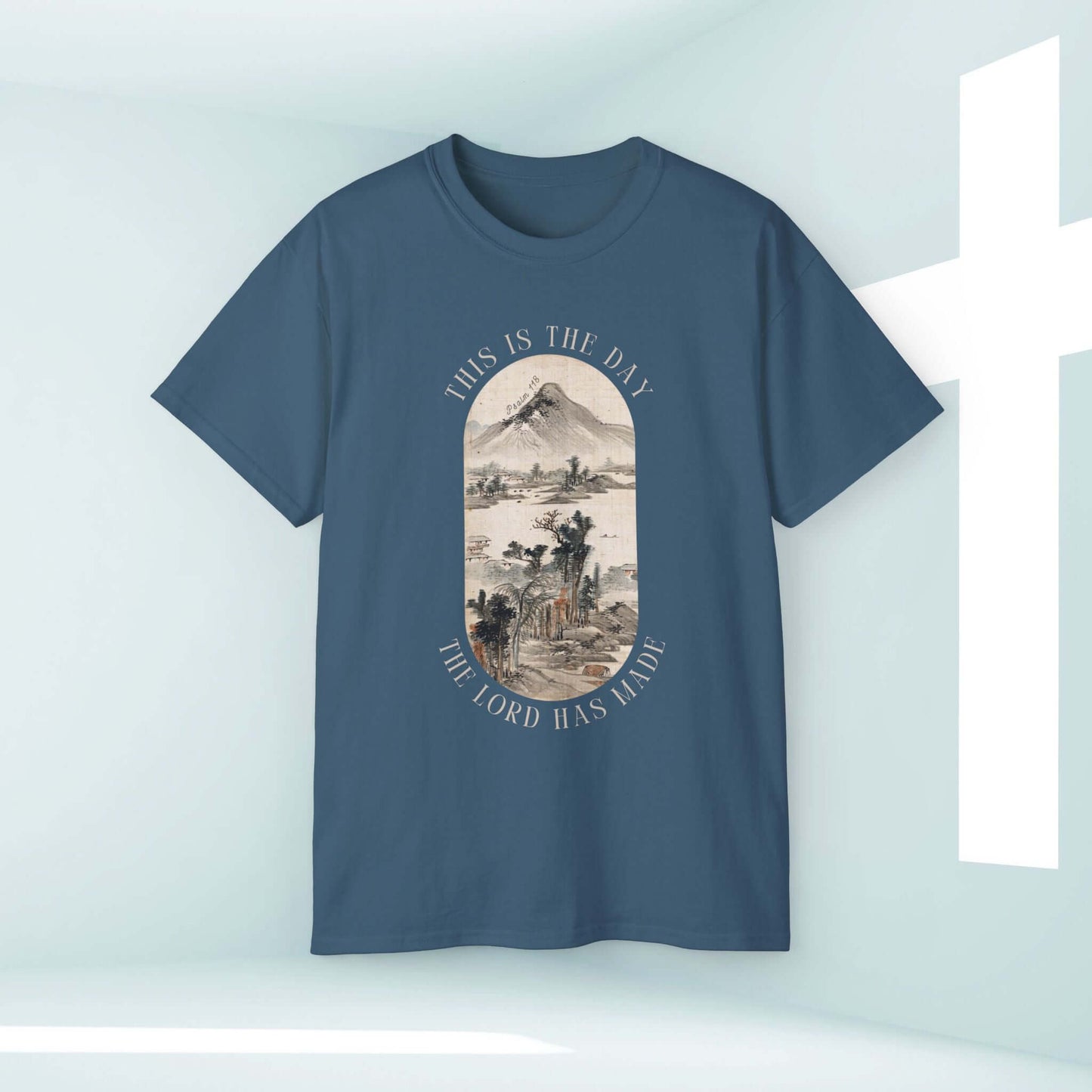 This Is The Day The Lord Has Made mountain nature camping men's Christian shirt in blue with faith-based graphic design