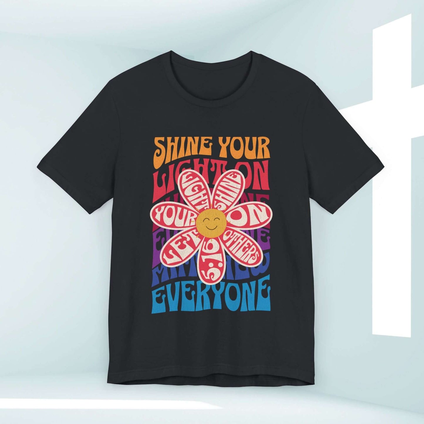 Shine Your Light Christian t-shirt with retro design, inspirational flower graphic promoting faith and love, perfect church and bible study apparel