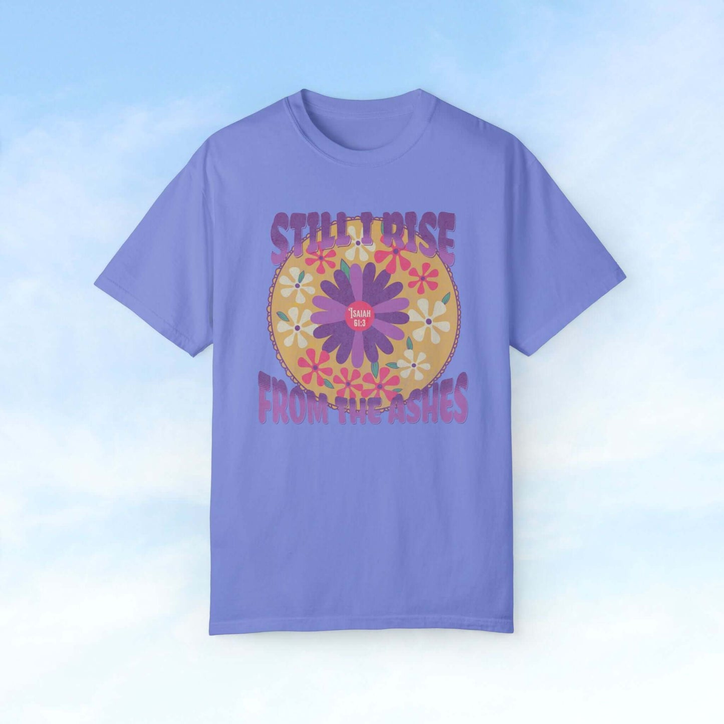 "Still I Rise From The Ashes Christian floral t-shirt, purple faith-based shirt with bible verse, inspirational Christian apparel"