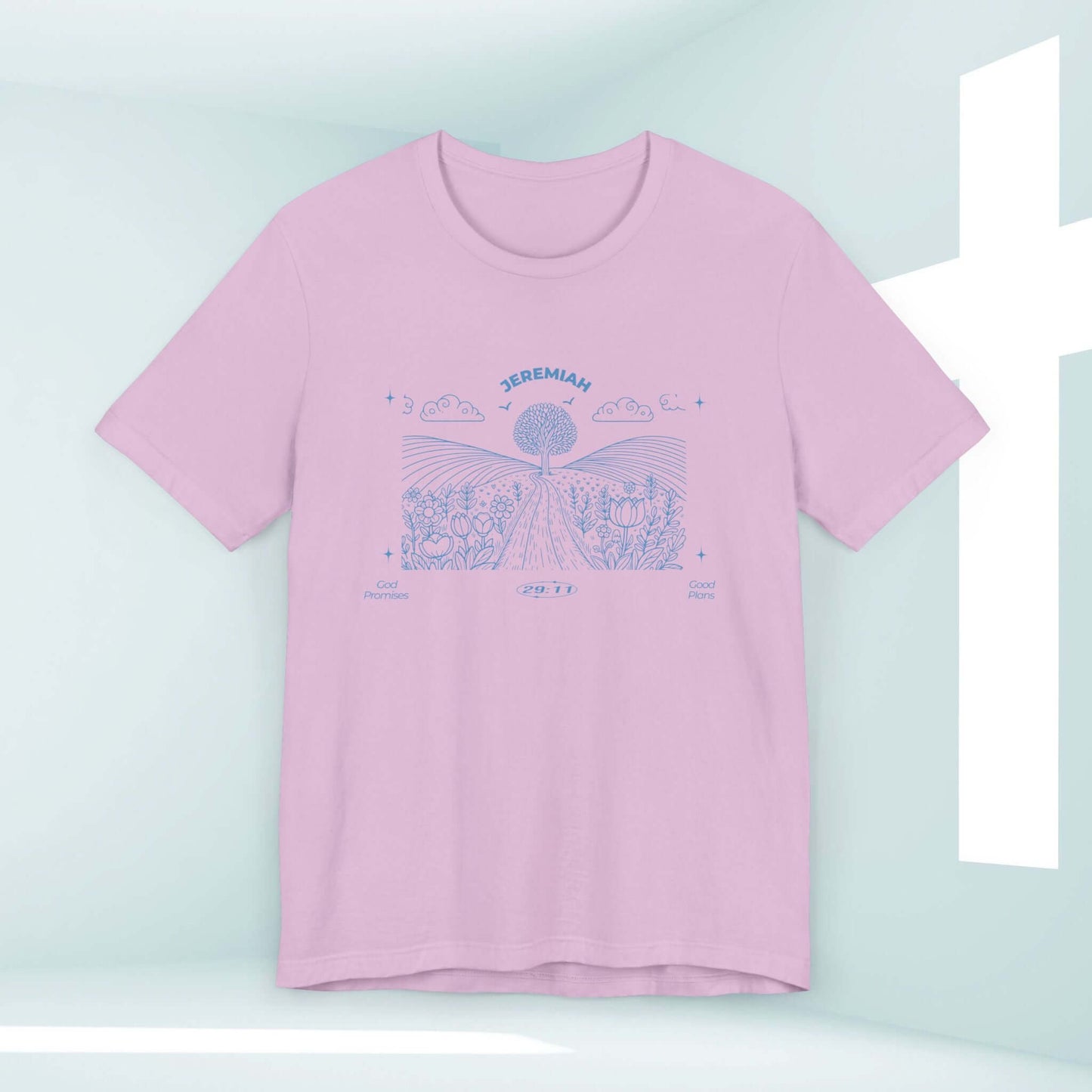 Christian t-shirt with nature camping Bible verse design in a pastel pink shade.