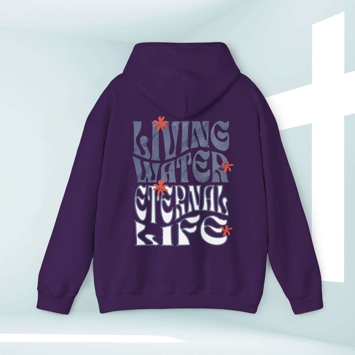 Purple Living Water Eternal Life hoodie with graphic text on back, shown in front of a light background with a white cross symbol.