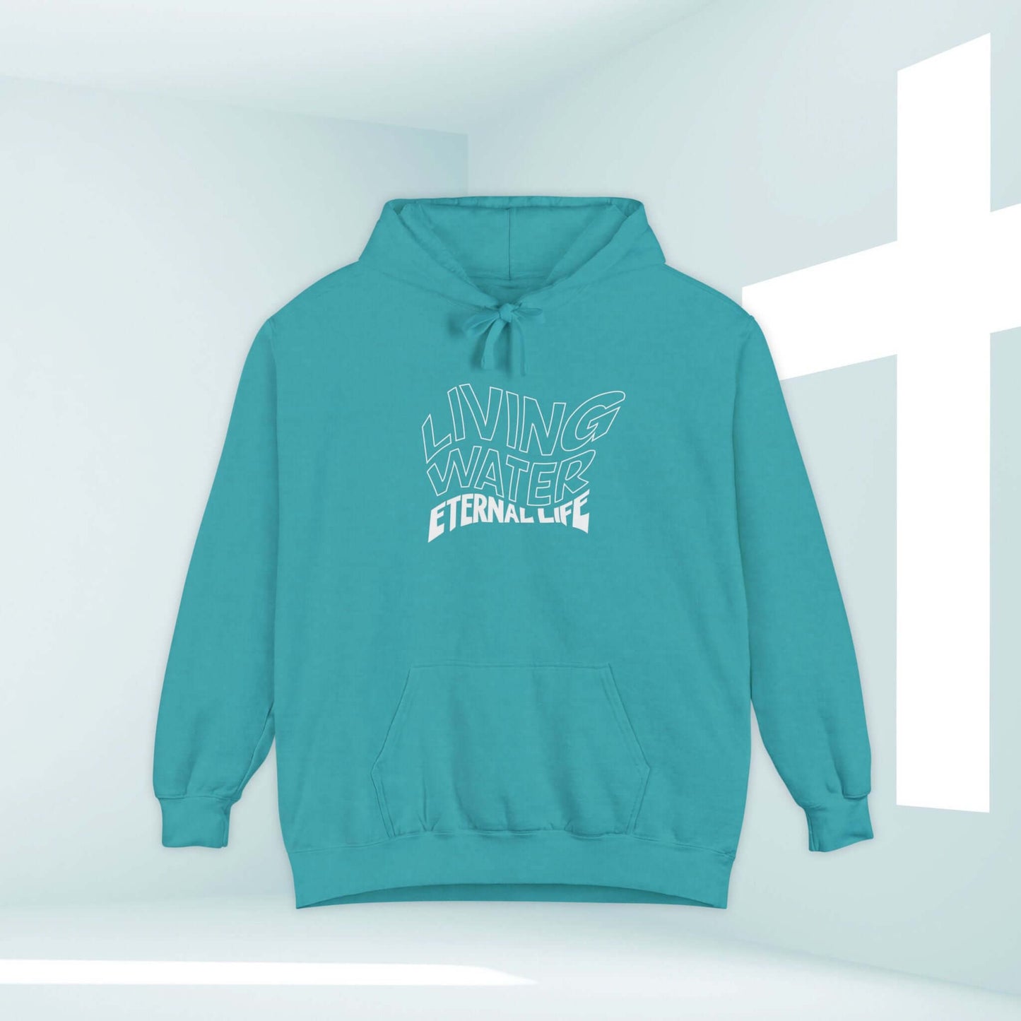 Living Water Eternal Life Christian hoodie in teal with Bible verse, faith-based religious apparel, inspirational Christian sweatshirt