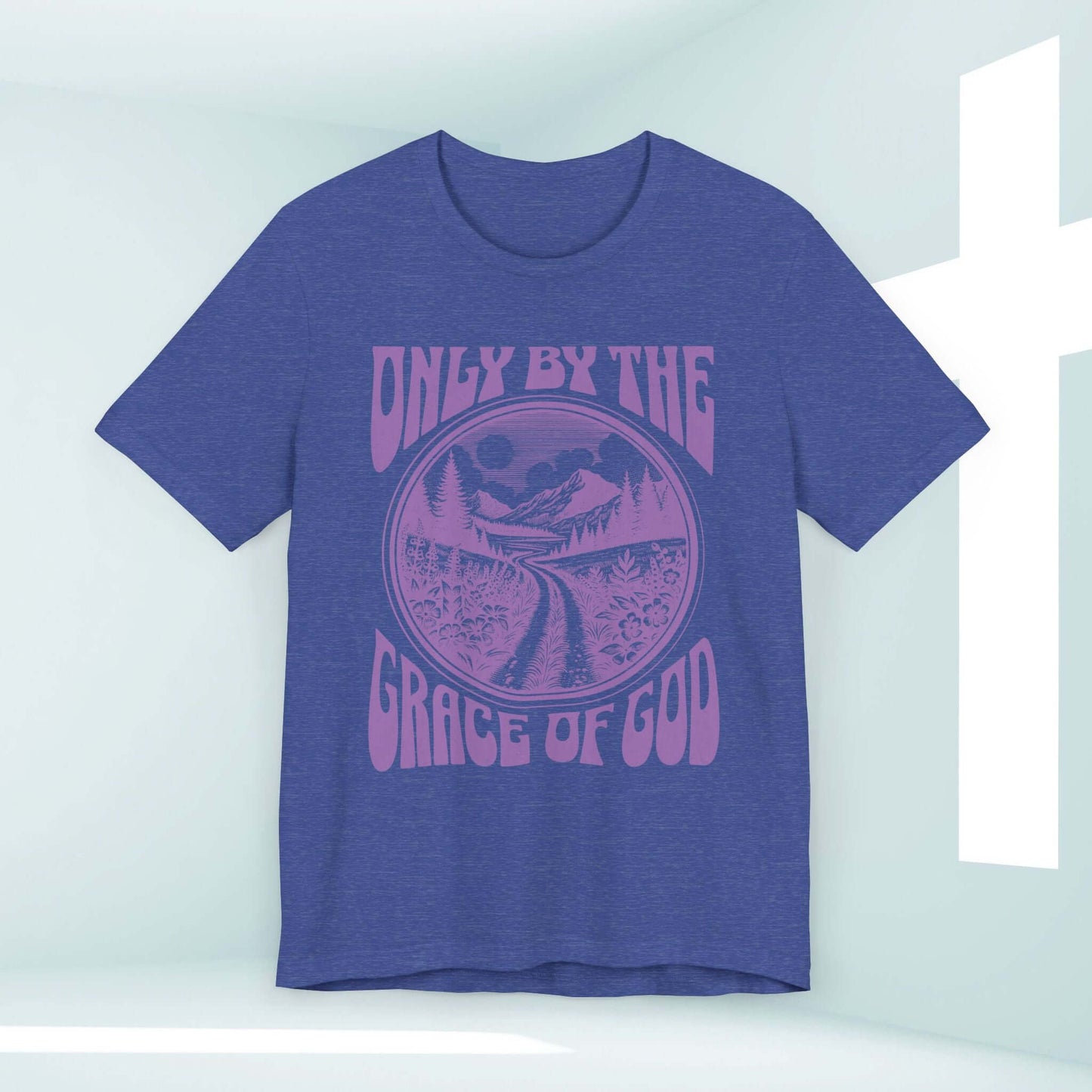 Only By The Grace Of God Christian shirt, religious t-shirt, inspirational tee with biblical message in a soft, blue hue.