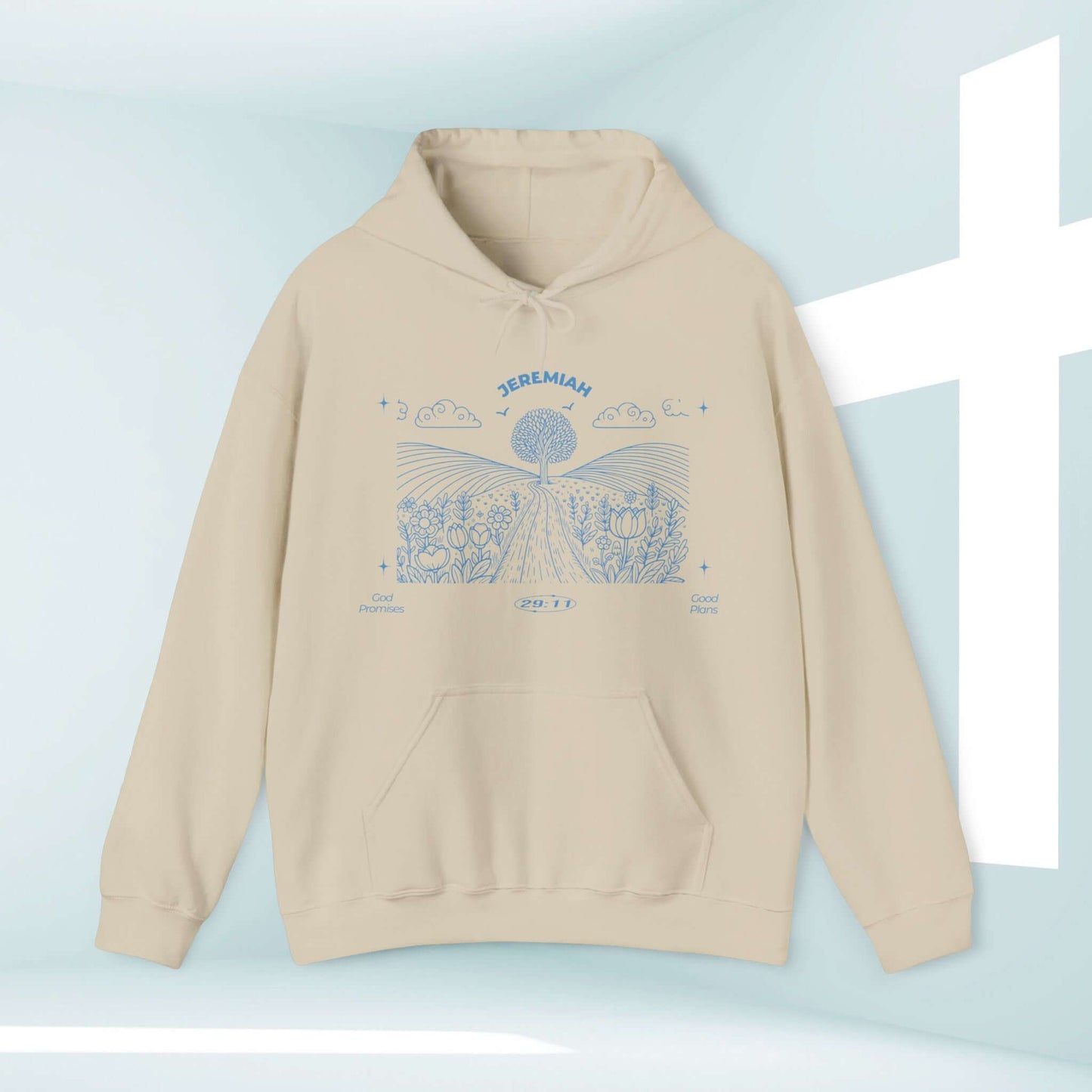 Beige Christian hoodie with "For I Know The Plans" bible verse, featuring a peaceful landscape illustration, perfect for faith-based inspiration.