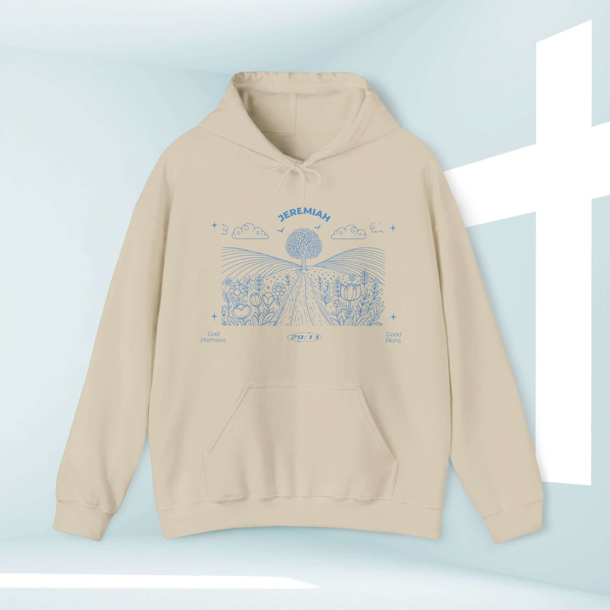 Beige Christian hoodie with "For I Know The Plans" bible verse, featuring a peaceful landscape illustration, perfect for faith-based inspiration.