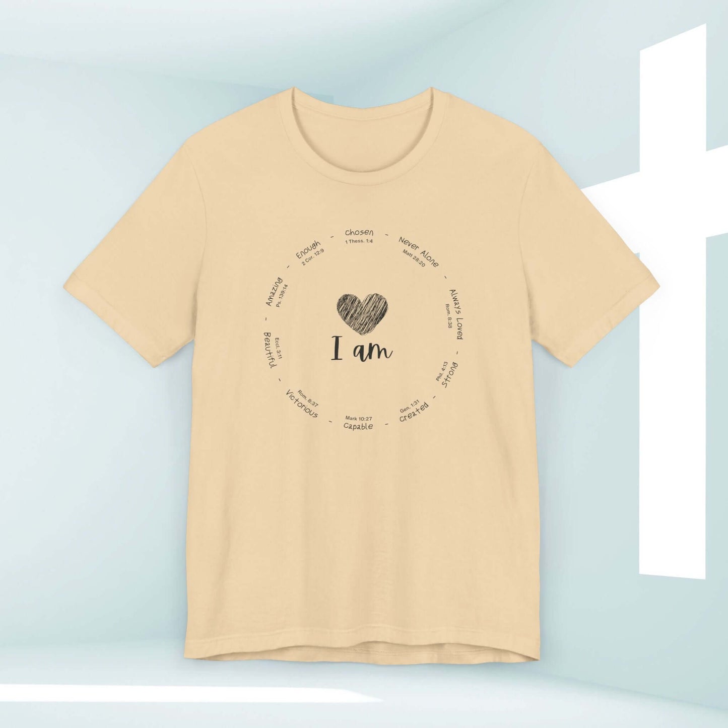 I Am Inspiration Shirt Bible Verse Women's Christian Tee in soft cotton fabric with inspirational words and heart design in a light background.