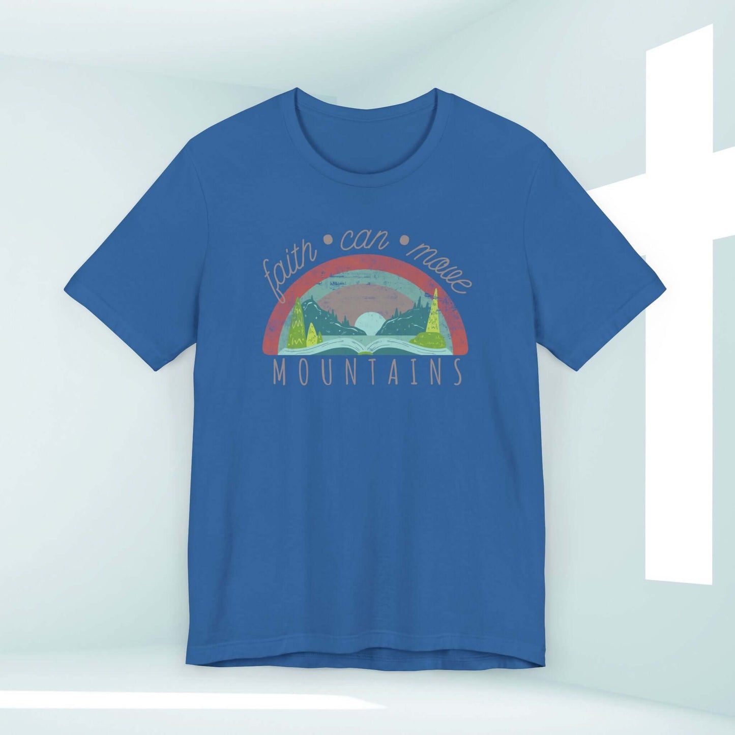 Faith Can Move Mountains Women's Christian Rainbow T-Shirt with Jesus message in blue, perfect for expressing faith and Christian values.