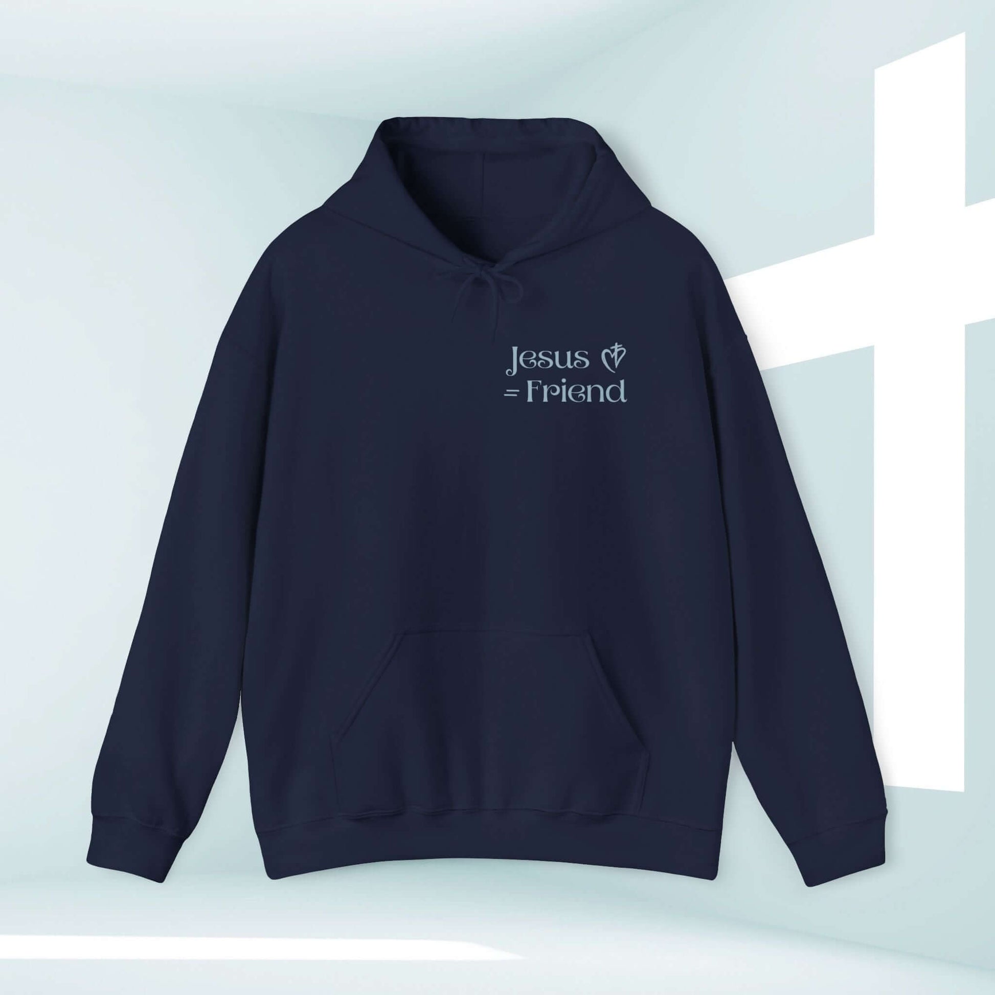 Christian hoodie with "Jesus = Friend" text, showcasing faith-based inspirational design for believers