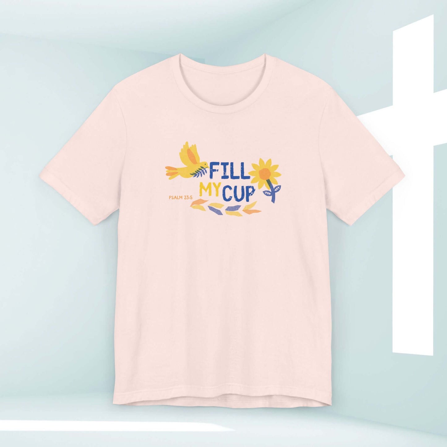 Floral Fill My Cup Bird and Flower Women's Christian T-Shirt with Bible verse, perfect faith-based gift for sharing the message of Jesus.